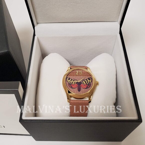 GUCCI WATCH YA1264063 G-TIMELESS MOTH GOLD PVD & BROWN LEATHER 38mm main image 14